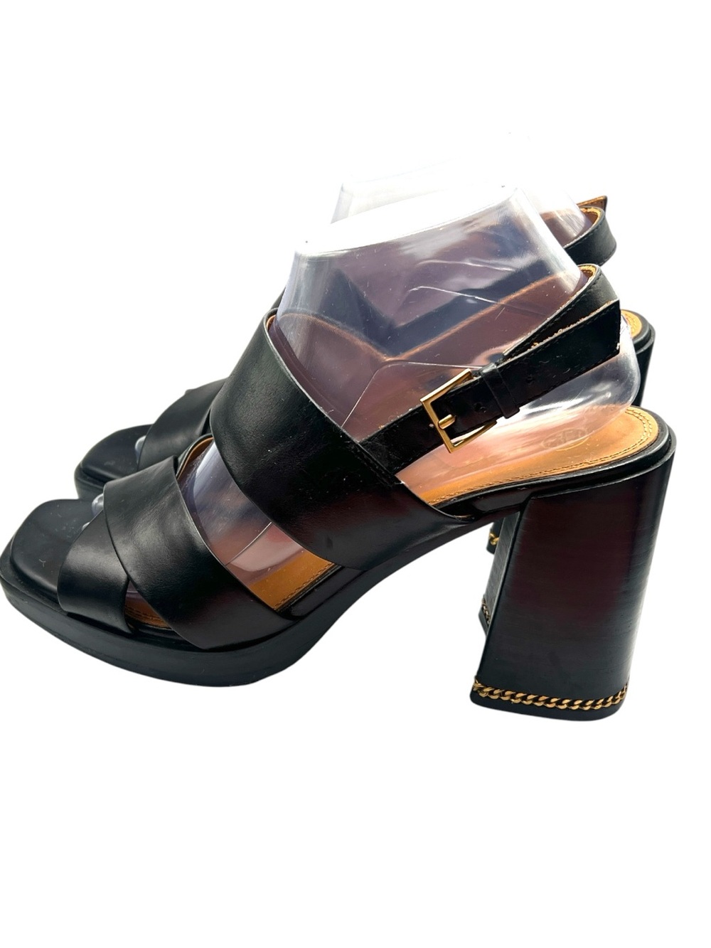 Tory Burch Ruby Chain Slingback Block Heel Sandals Black Leather Size 9 - Picture 5 of 11
